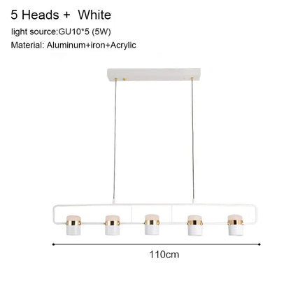 White modern decorbites led chandelier pendant lamp with five cylindrical gold-ringed heads and aluminum frame