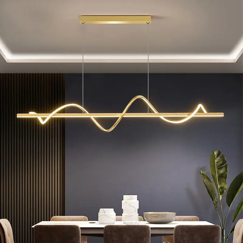 Gold-colored modern DecorBites LED chandelier pendant light with sleek wave design and minimalist rectangular fixture