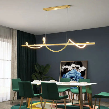 Gold-colored modern led chandelier pendant light with sleek curved design by decorbites for dining room lighting