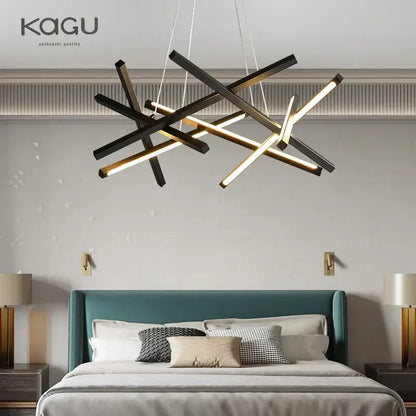 Modern black and gold decorbites led chandelier pendant light with intersecting geometric bars for living room use