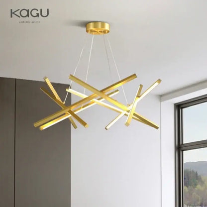 Gold-colored decorbites led chandelier pendant light with intersecting geometric bars and circular ceiling mount for living spaces