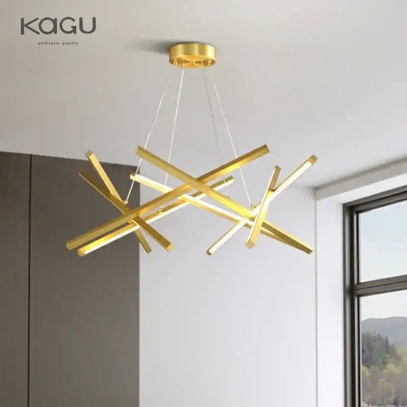 Gold-colored decorbites led chandelier pendant light with intersecting geometric bars and circular ceiling mount for living spaces