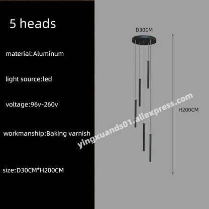 Modern black aluminum decorbites led chandelier with five slender vertical leds for hotel lobby stairs pendant lighting