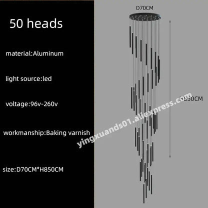 Modern black aluminum decorbites led chandelier with 50 led lights in cascading design for hotel lobby stairs pendant