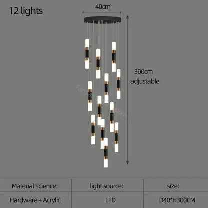 Modern black and gold acrylic decorbites led chandelier with 12 led lights for stairway lamp and dining table lighting