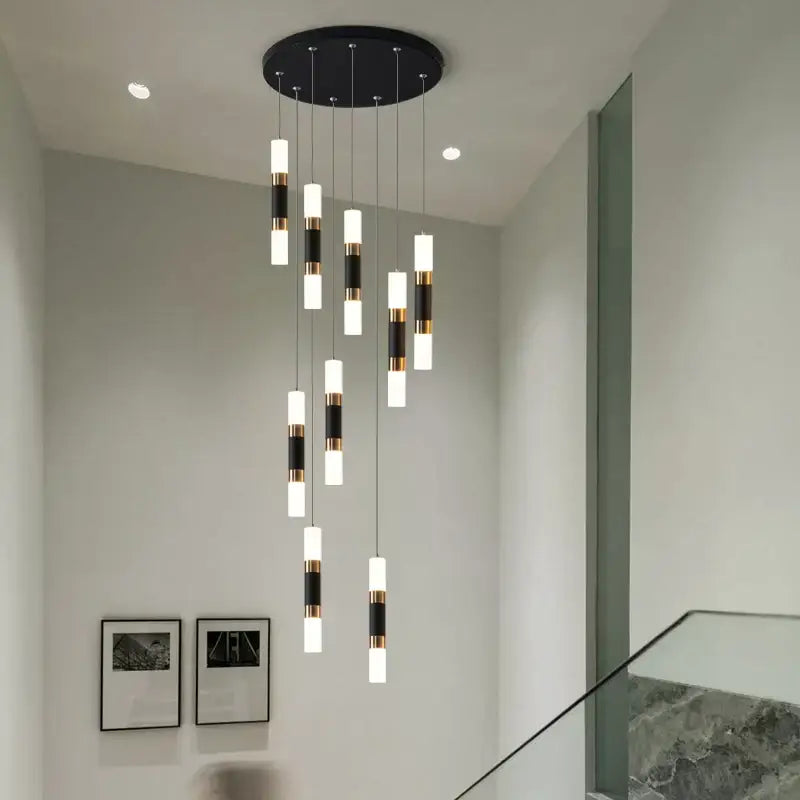 Modern black and gold DecorBites LED chandelier with frosted glass shades for stairway lamp and dining table lighting