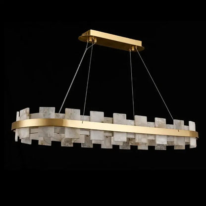 Elegant oval decorbites led chandelier with gold-toned metal frame and white stone tiles for bedroom and living room decor