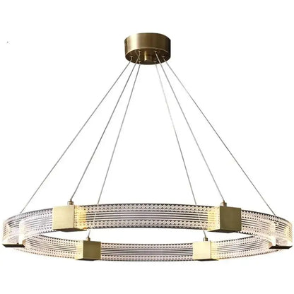 Modern double-ring decorbites led chandelier with brass accents and clear acrylic prisms for living room lighting