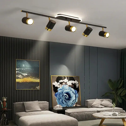 Black and gold DecorBites LED chandelier with four adjustable spotlights for living room and bedroom ceiling decor
