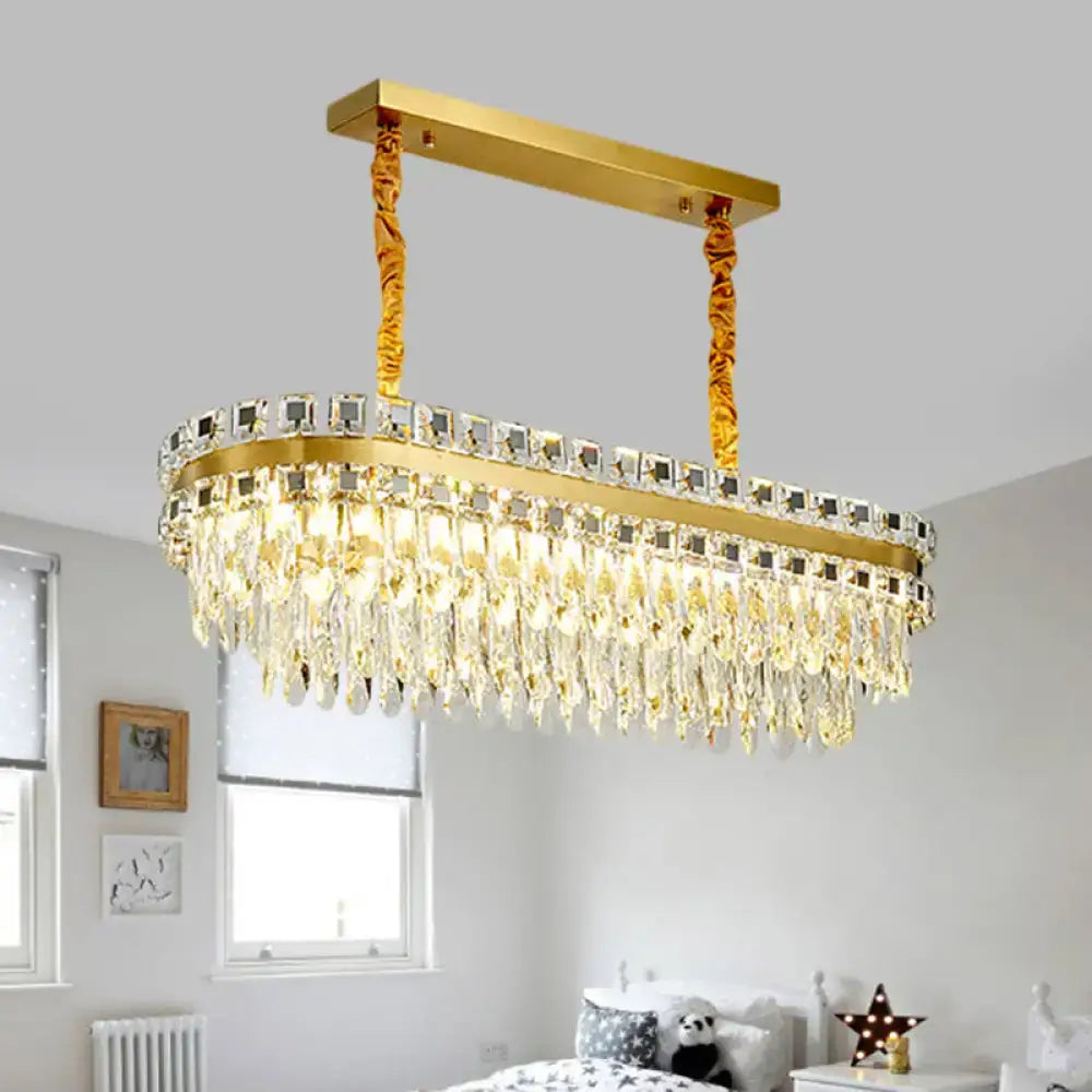 Gold-finished rectangular light fixture with cascading clear crystal droplets modern led crystal dining room fixture