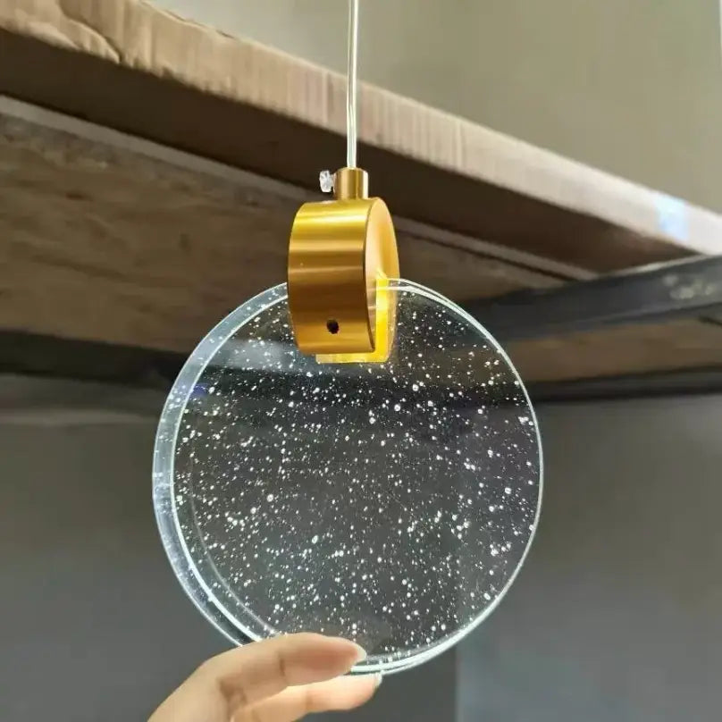 DecorBites™ led crystal pendant light with gold-toned metal and clear glass disc for bedroom and bathroom use