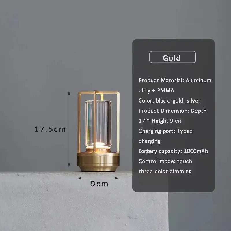 Gold-finished aluminum alloy and pmma decorbites™ led crystal table lamp with cylindrical glass and three-color dimming