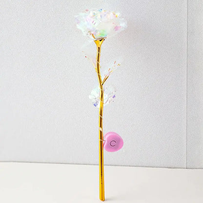 Decorbites™ eternal rose light with gold stem, iridescent petals, crystals, and pink heart charm for weddings and valentine’s day