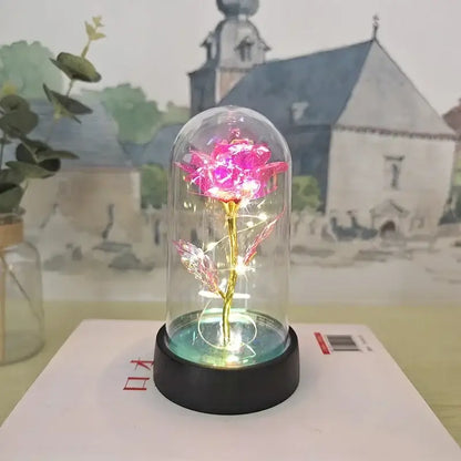 Decorbites™ led eternal rose light with glowing pink rose and golden stem in glass dome for valentine’s day and weddings