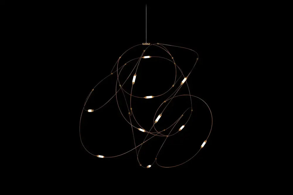 DecorBites™ LED firefly chandelier with engineering minimal design featuring metallic wire abstract circles and warm LED lights