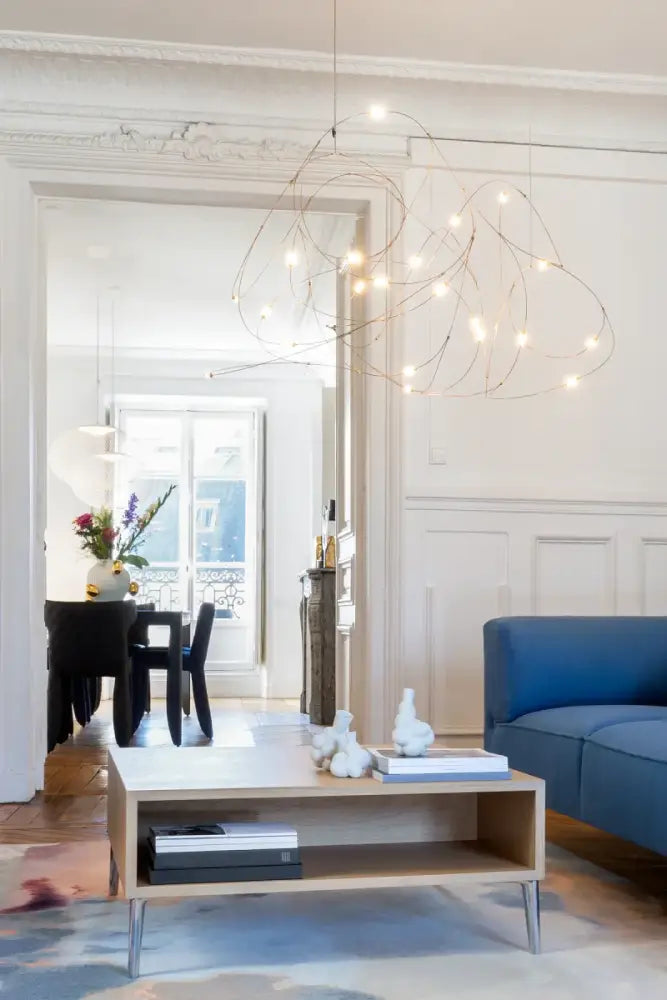 DecorBites™ LED firefly chandelier with engineering minimal design wireframe and warm glowing bulbs for hotel and kitchen