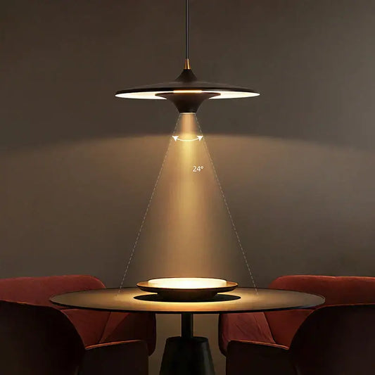 Modern black DecorBites LED flying saucer pendant lights with sleek disc design and warm illumination for indoor use