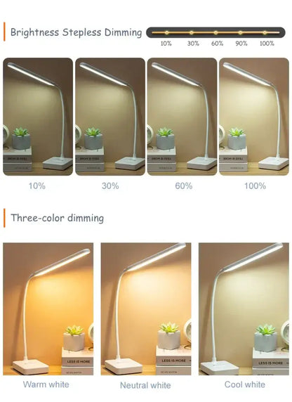 A sleek white decorbites led foldable desk lamp with flexible gooseneck and adjustable brightness levels