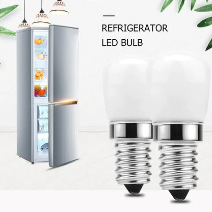 Two white frosted decorbites led fridge bulbs 3w e14 with silver screw bases designed for refrigerator use