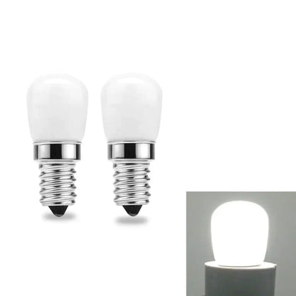 Two white frosted decorbites led fridge bulbs with chrome finished e14 screw bases for 3w 220v use