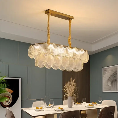 Gold-toned decorbites led frost chandelier with rectangular frame and cascading frost glass shell for home lighting decor