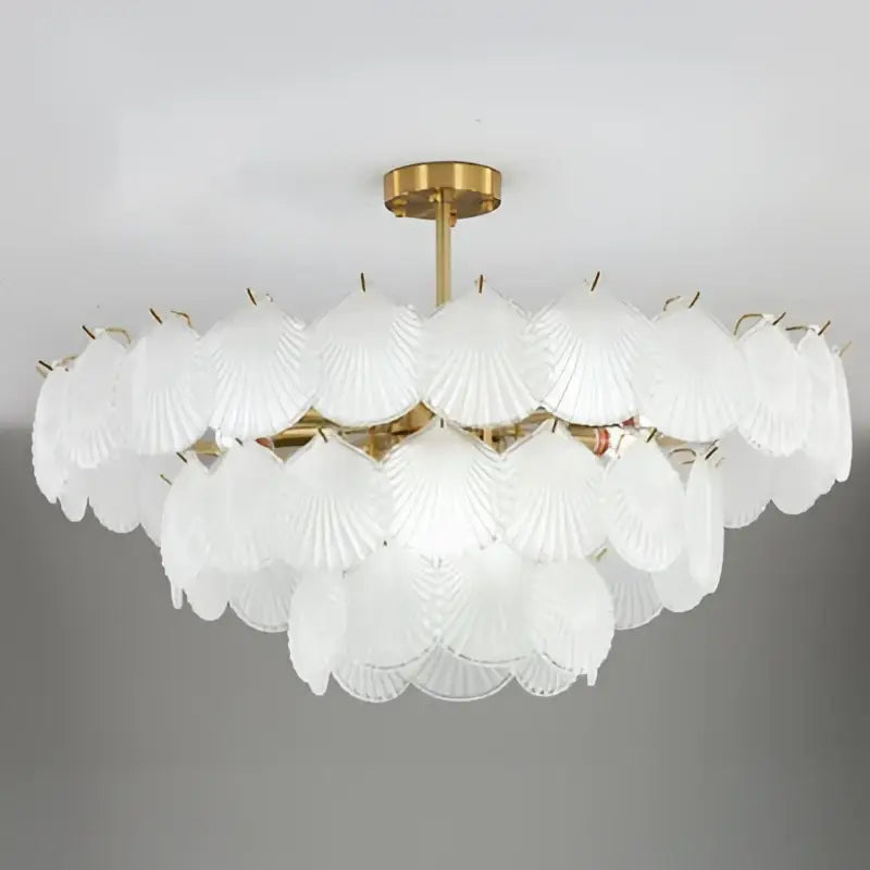 Decorbites led frost white translucent glass shell chandelier with gold-toned metal frame for home decor lighting