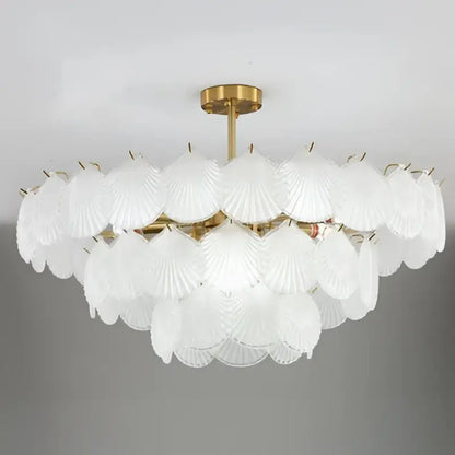 Decorbites led frost glass shell chandelier with white translucent glass and gold-toned metal frame for home lighting