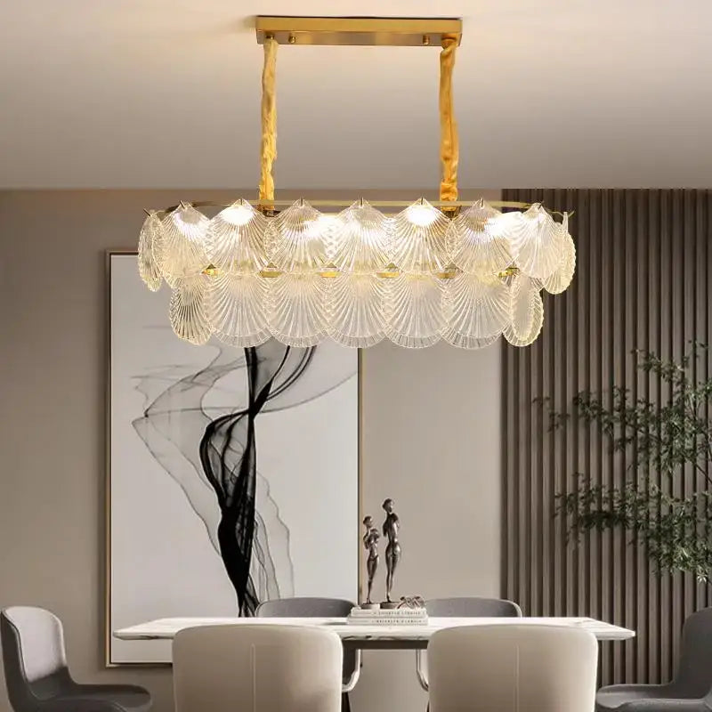 Gold-toned decorbites led frost rectangular chandelier with translucent frost glass shell shades in a circular arrangement