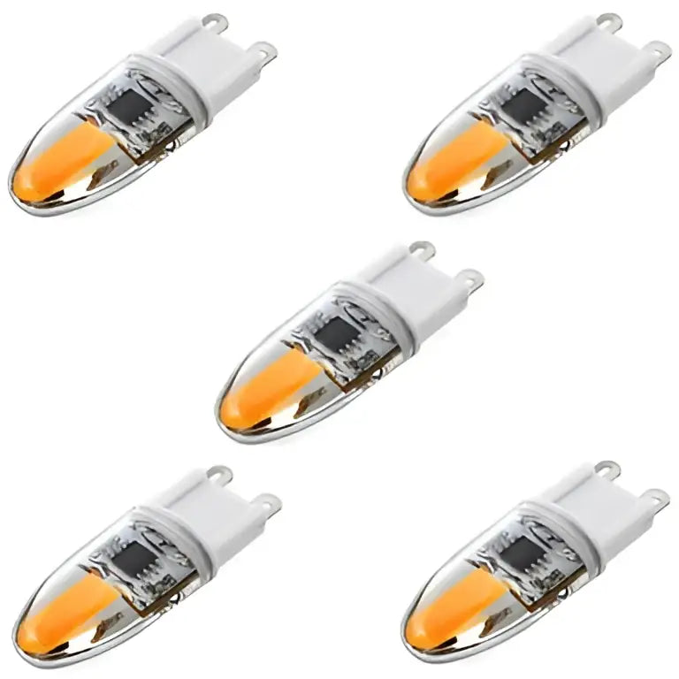 Five warm white led g9 bulbs with clear glass and plastic housing by decorbites led for chandelier lighting solution