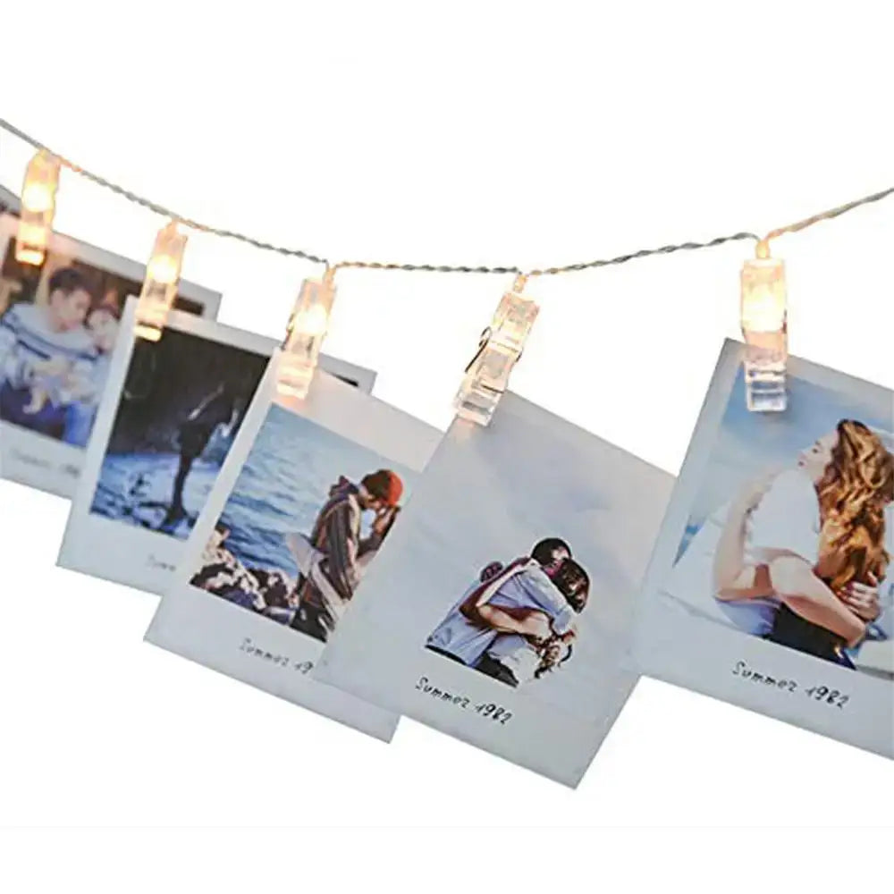 Decorbites™ clear plastic led garland photo clip string lights holding polaroid photos with warm white leds