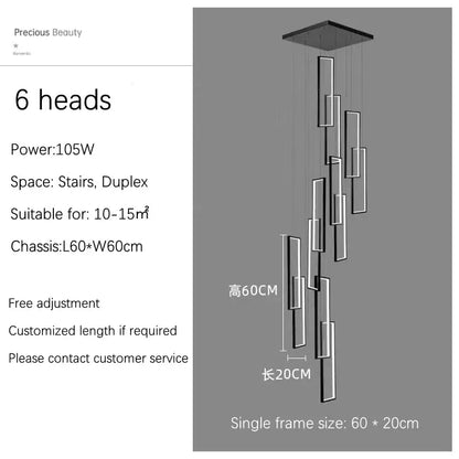 Modern minimalist decorbites led geometry stair chandelier with six rectangular led light heads in cascading vertical design