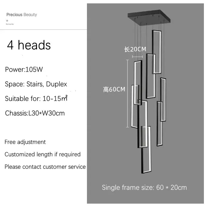 Modern black rectangular decorbites led geometry stair chandelier with four hanging light heads for luxury villas