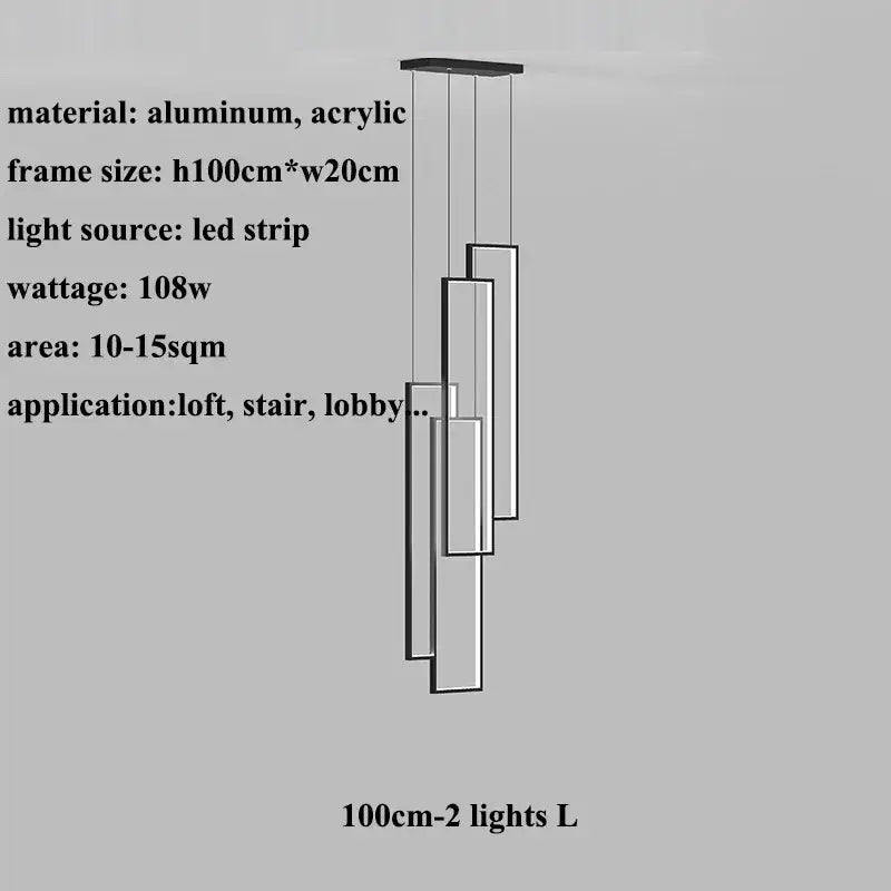 Modern minimalist decorbites led geometry stair chandelier with aluminum acrylic frame and three vertical panels suspended by cords