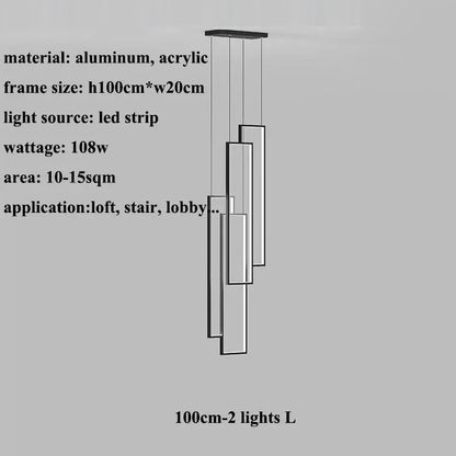 Modern minimalist decorbites led geometry stair chandelier with aluminum acrylic frame and three vertical panels suspended by cords