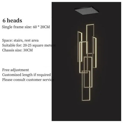 Modern geometric chandelier with six warm lit rectangular lights and sleek metallic frames in decorbites led geometry stair design