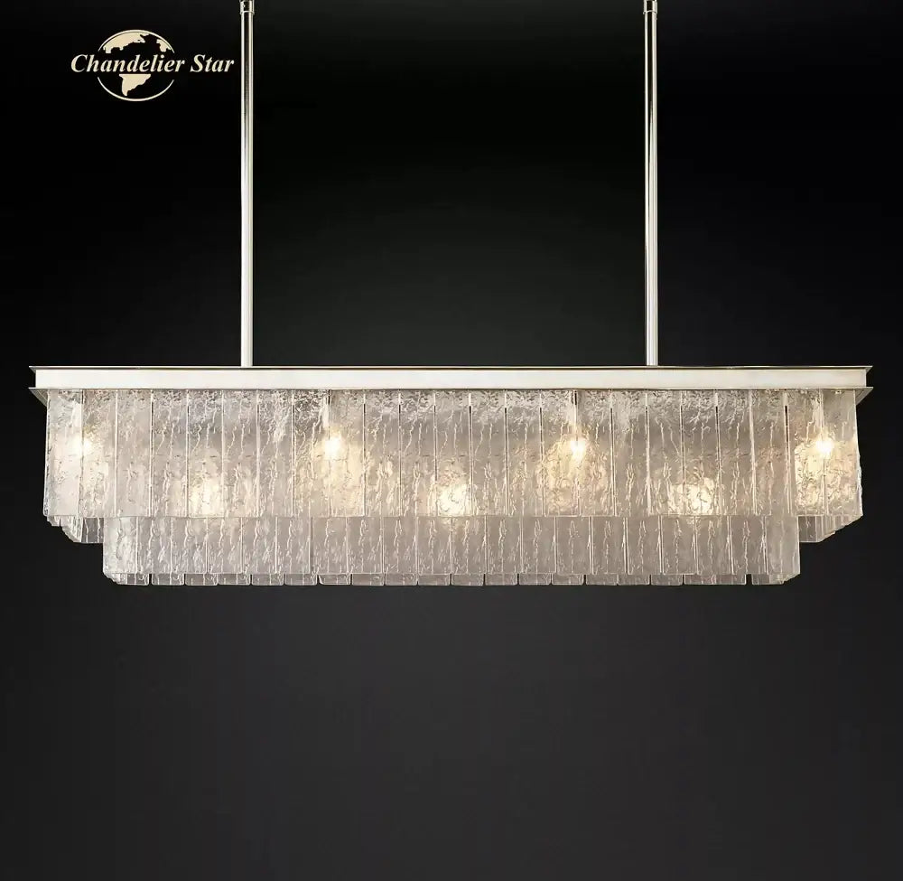 Rectangular decorbites led glace chandelier with layered clear glass panels and polished chrome frame for dining room