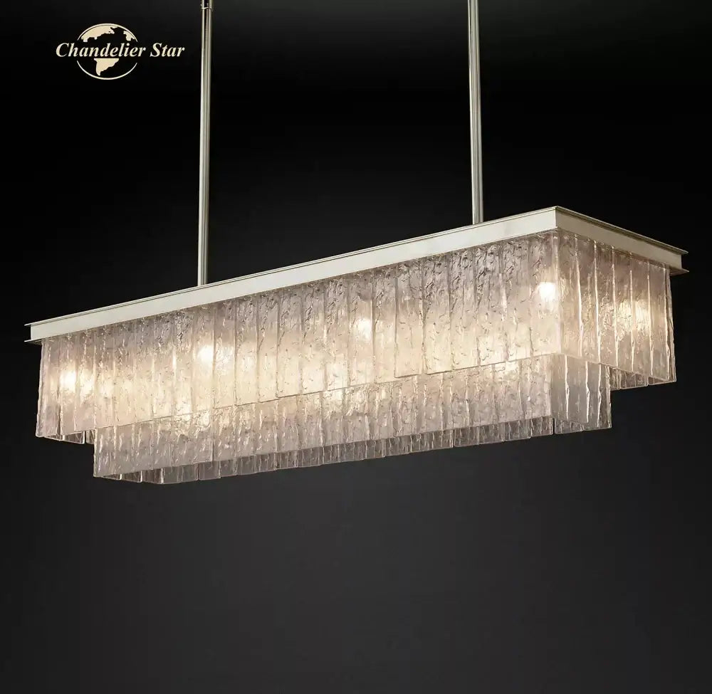 Decorbites led glace rectangular chandelier with layered textured glass panels and sleek metallic frame for dining room