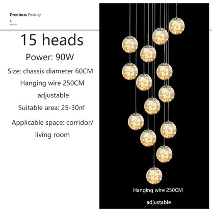 Decorbites led glass ball chandelier with 15 warm glowing glass globes suspended by chrome wires for duplex villa living room
