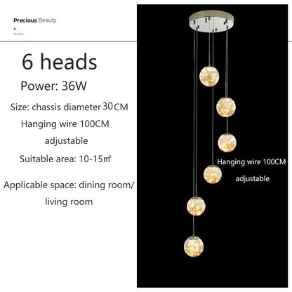 Modern six-head DecorBites LED glass ball chandelier with warm spherical globes for duplex villa living room lighting