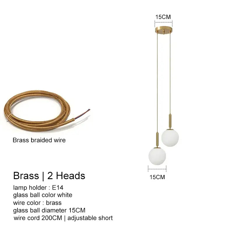 Modern brass pendant light with two white glass ball spheres and braided cord by decorbites led glass ball chandelier