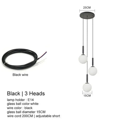 Black decorbites led glass ball chandelier featuring three white glass spheres with black metal fixtures for dining decor