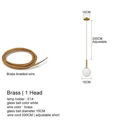 Minimalist brass decorbites led glass pendant light with frosted white glass ball and adjustable 200cm cord for dining