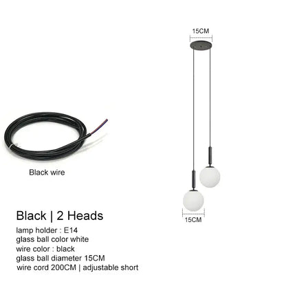 Modern minimalist decorbites led glass ball chandelier with two white glass spheres and black cords for home decor