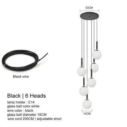 Modern black decorbites led glass ball chandelier with six white glass spheres for home dining or hotel decor