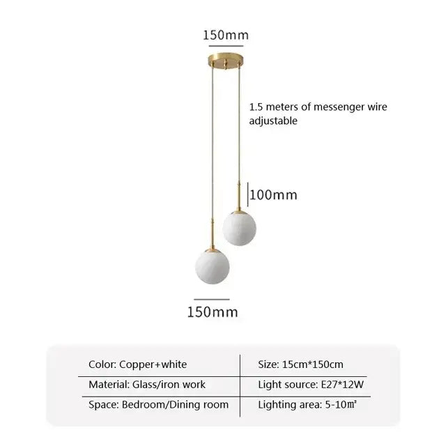 Modern two-bulb decorbites led glass ball chandelier with copper fixtures and white glass spheres for dining room lighting