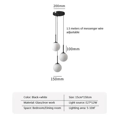 Black and white three-sphere DecorBites LED glass ball chandelier with iron work for dining room and bar lighting