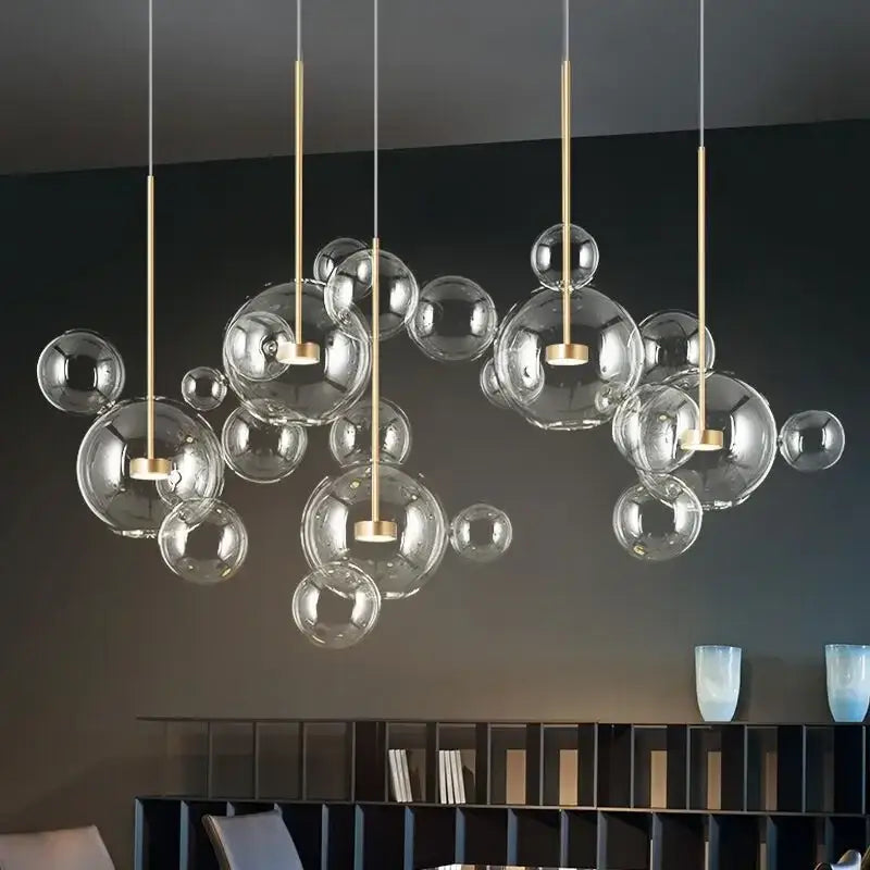 Modern glass bubble chandelier with gold-toned metal rods by decorbites led glass pendant lights for living room use