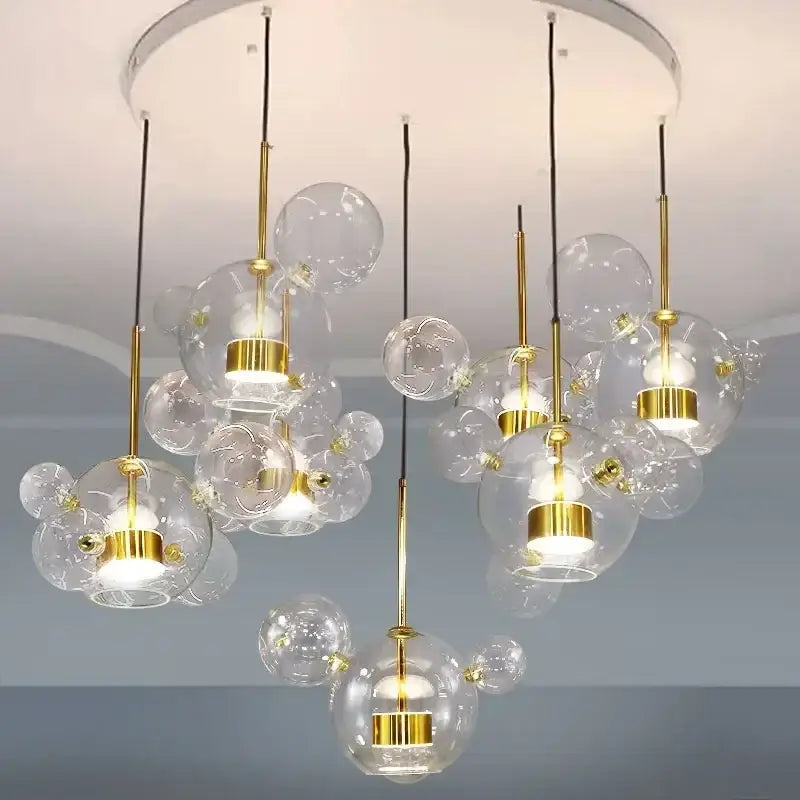 Modern glass bubble DecorBites LED glass ball chandelier pendant lights with gold accents for living and dining room lighting
