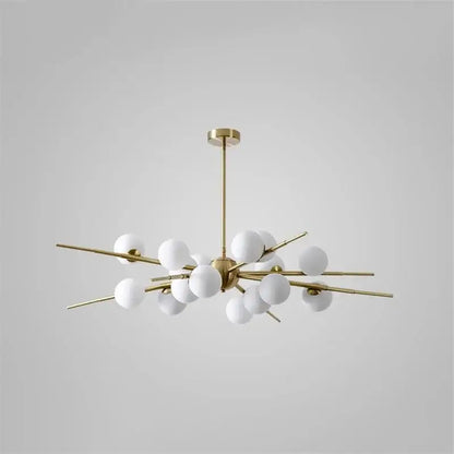 Gold-toned decorbites led glass pendant light with white spherical globes in a starburst pattern for living room and cafe