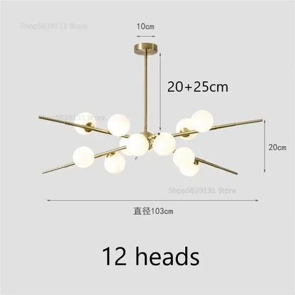 Modern brass-finished DecorBites LED glass ball pendant light with twelve frosted globes for living room and cafe decor